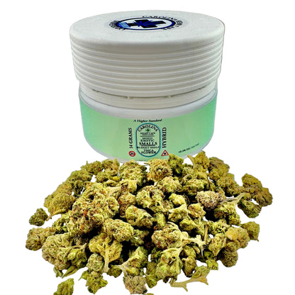 Jar of cannabis buds with a visible brand label on a gray background