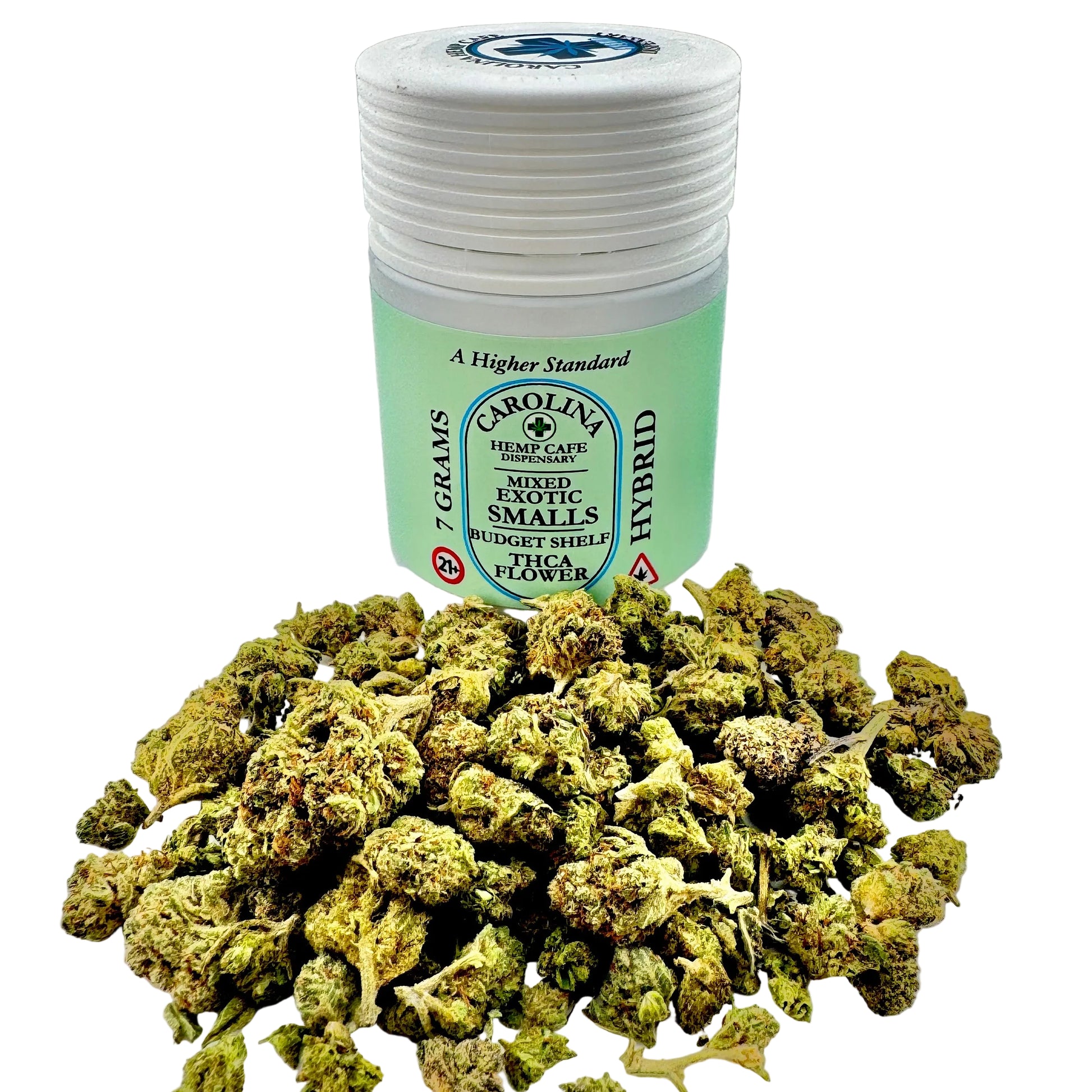 Jar of Carolina Hemp Cafe flower with cannabis buds on a gray background