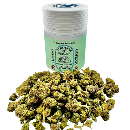 Jar of Carolina Hemp Cafe flower with cannabis buds on a gray background
