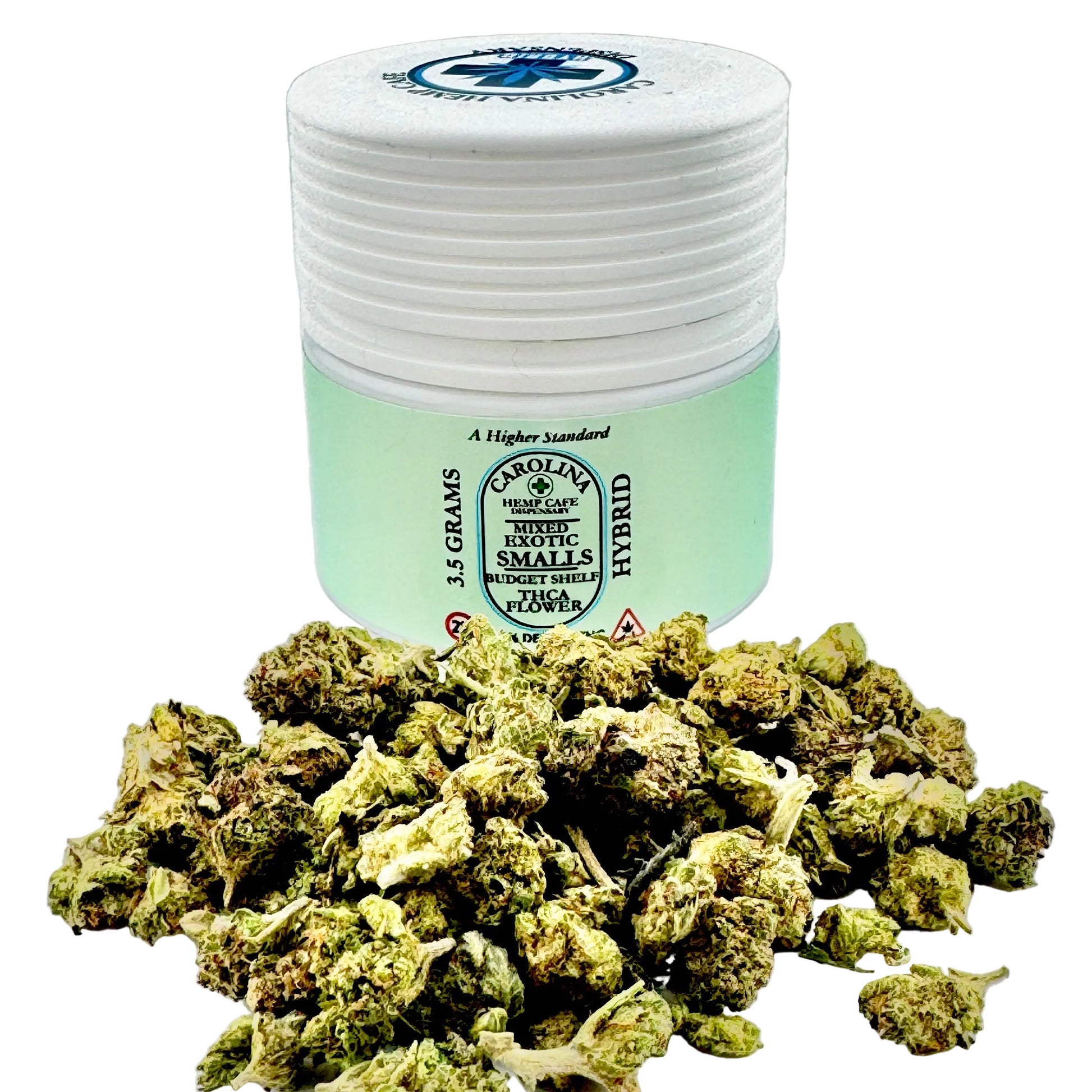 Jar of cannabis buds with a visible brand label on a light gray background