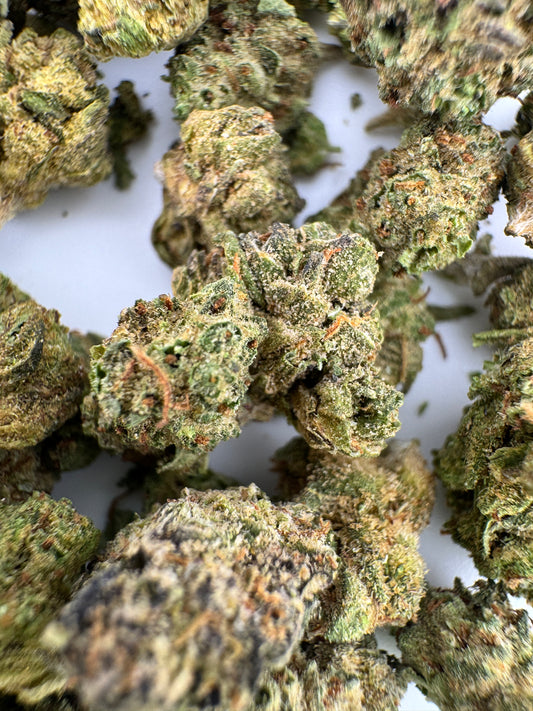 Close-up of dried cannabis buds on a white background