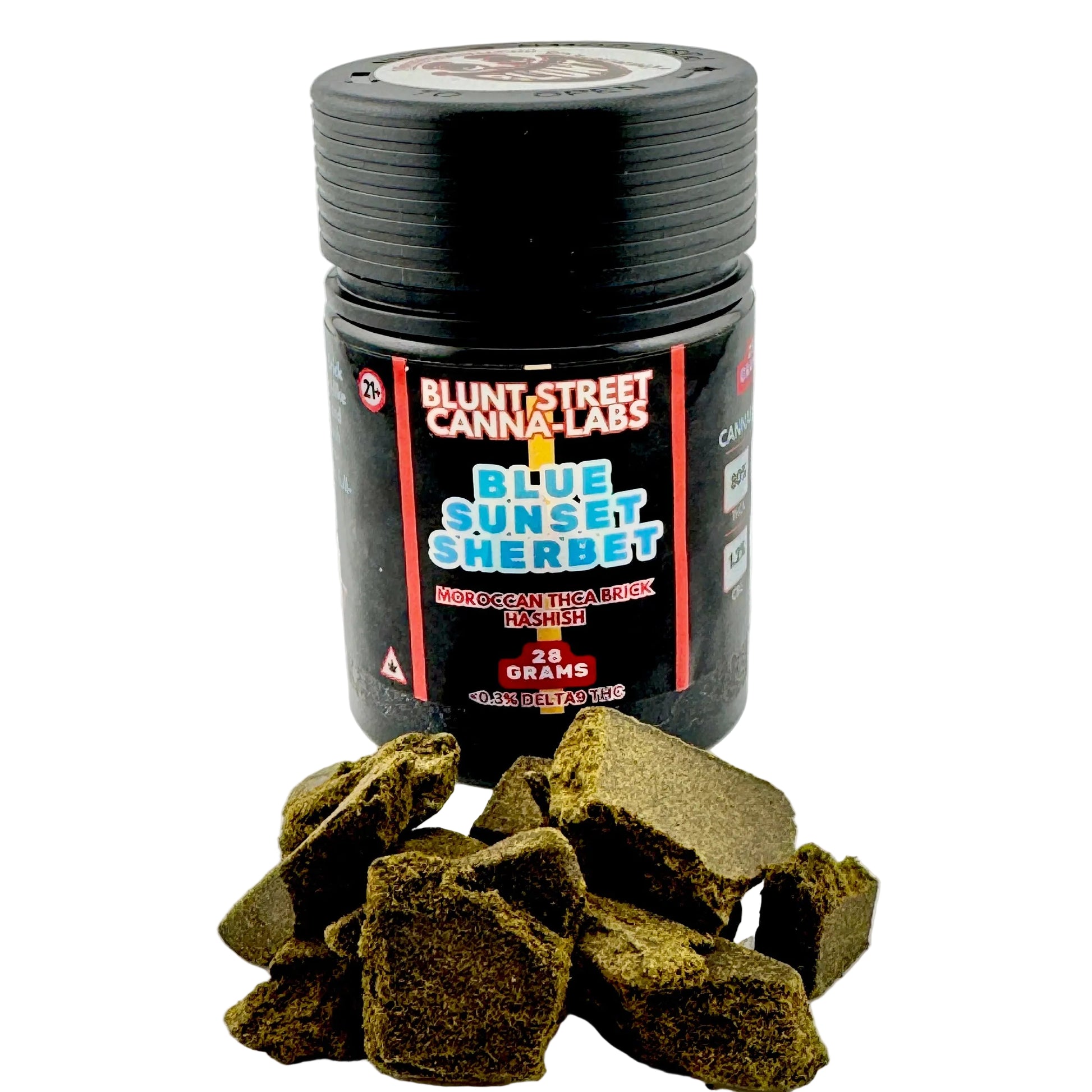 Black container labeled 'Blue Sunset Sherbet' from Blunt Street Cannabis Labs with cannabis buds on a white background