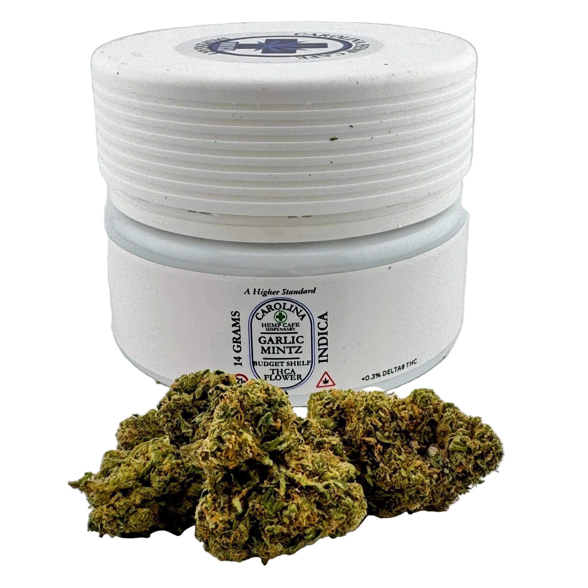 White container with cannabis buds on a gray background