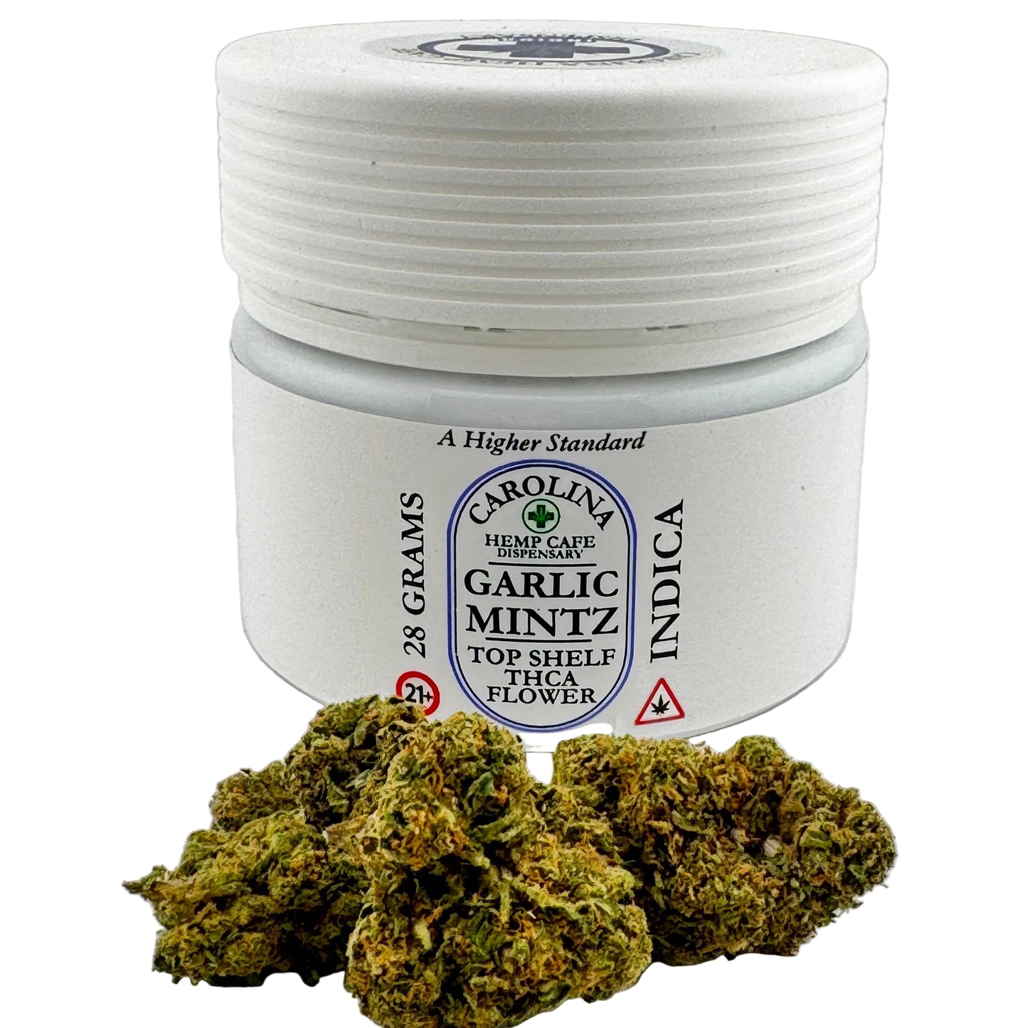 Jar of Carolina Hemp Cafe dispensary Garlic Mintz Indica flower on a light gray background