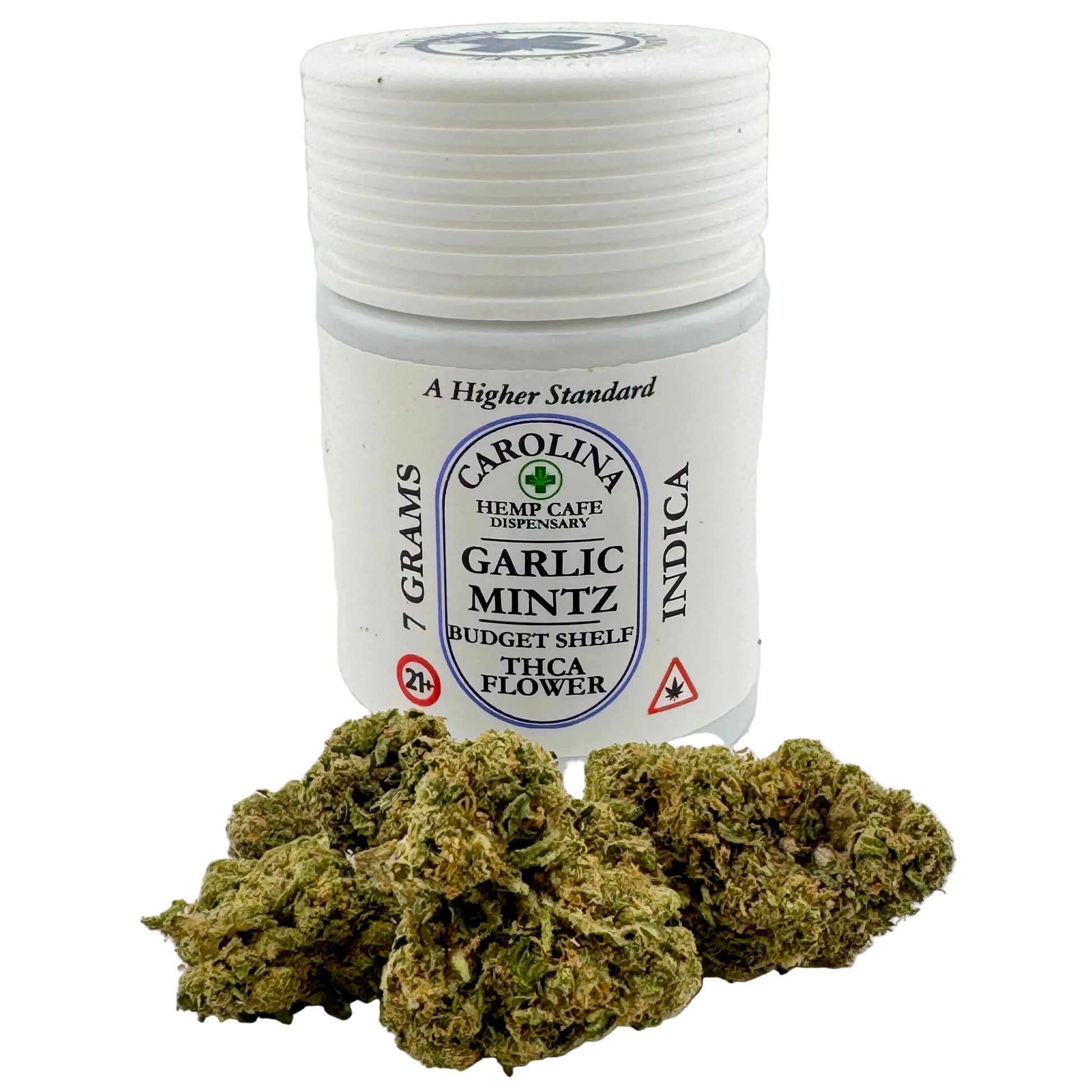 Jar of Carolina Hemp Cafe Garlic Mintz IndicaTHCA flower on a white background