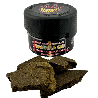 Black container labeled 'Blunt' with Moroccan brick hash on a white background