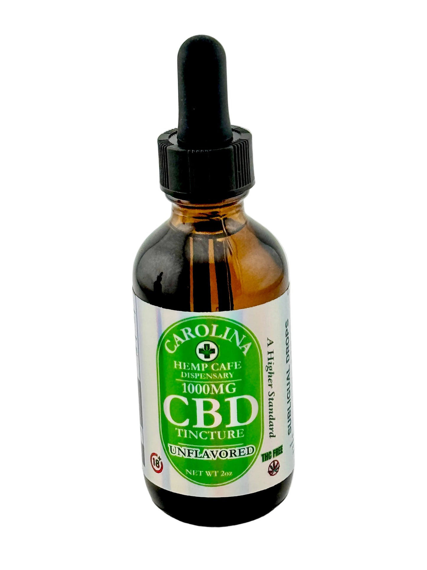 CBD tincture bottle with dropper labeled 'Carolina Hemp Cafe' on a white background