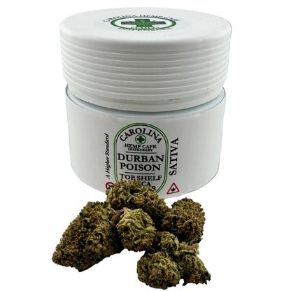 Jar of cannabis buds with a label on a white background