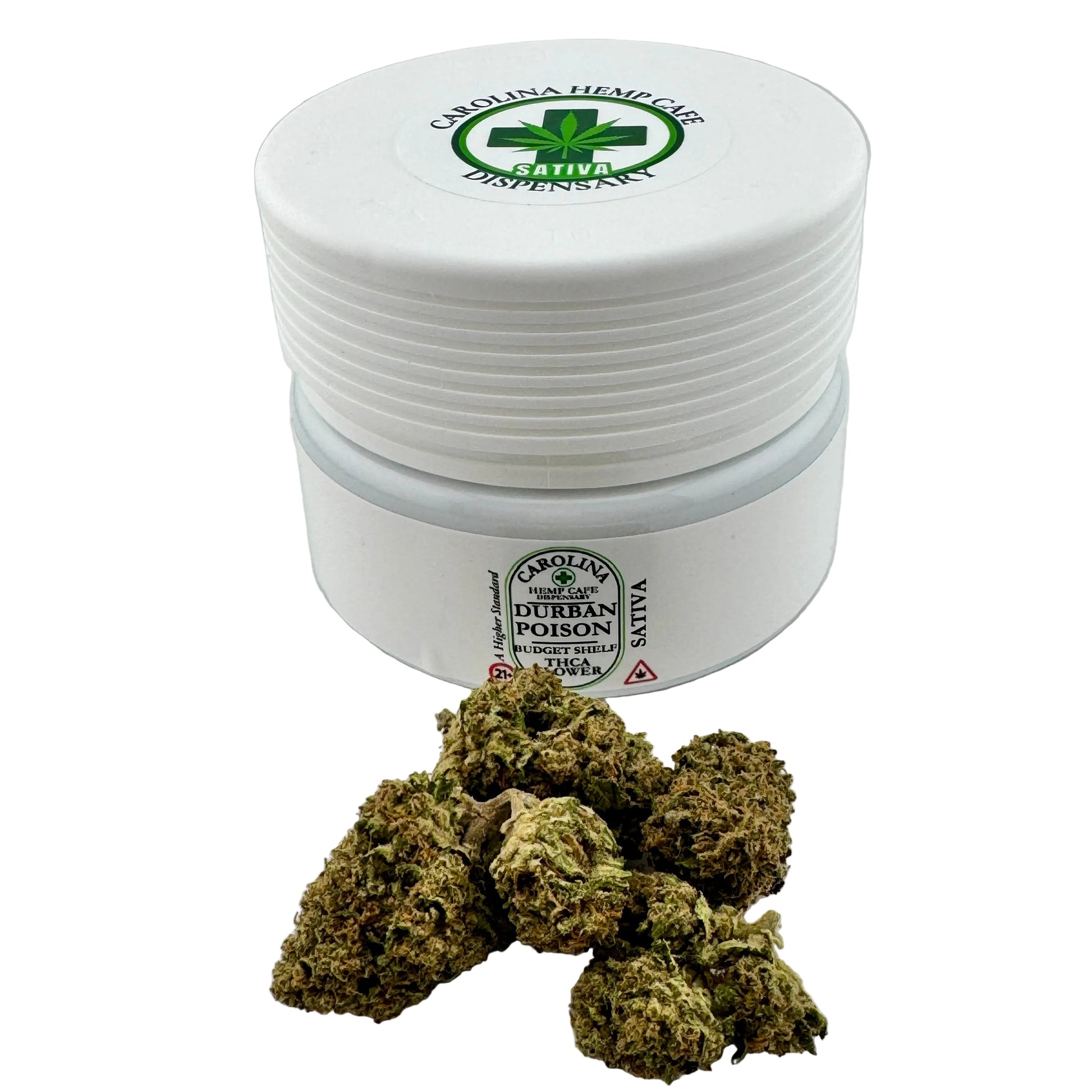White container with Carolina Hemp Care branding and cannabis buds on a white background