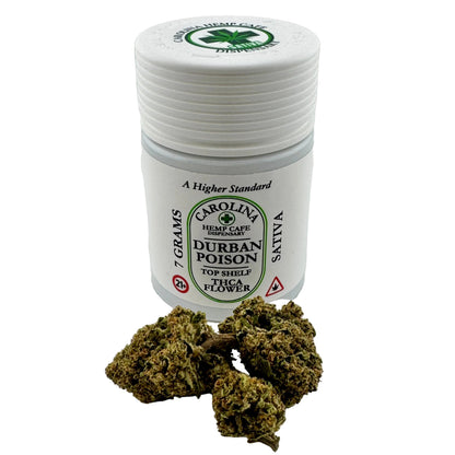 Jar of Carolina Herb Cafe Dispensary Durban Poison cannabis with cannabis buds on a white background