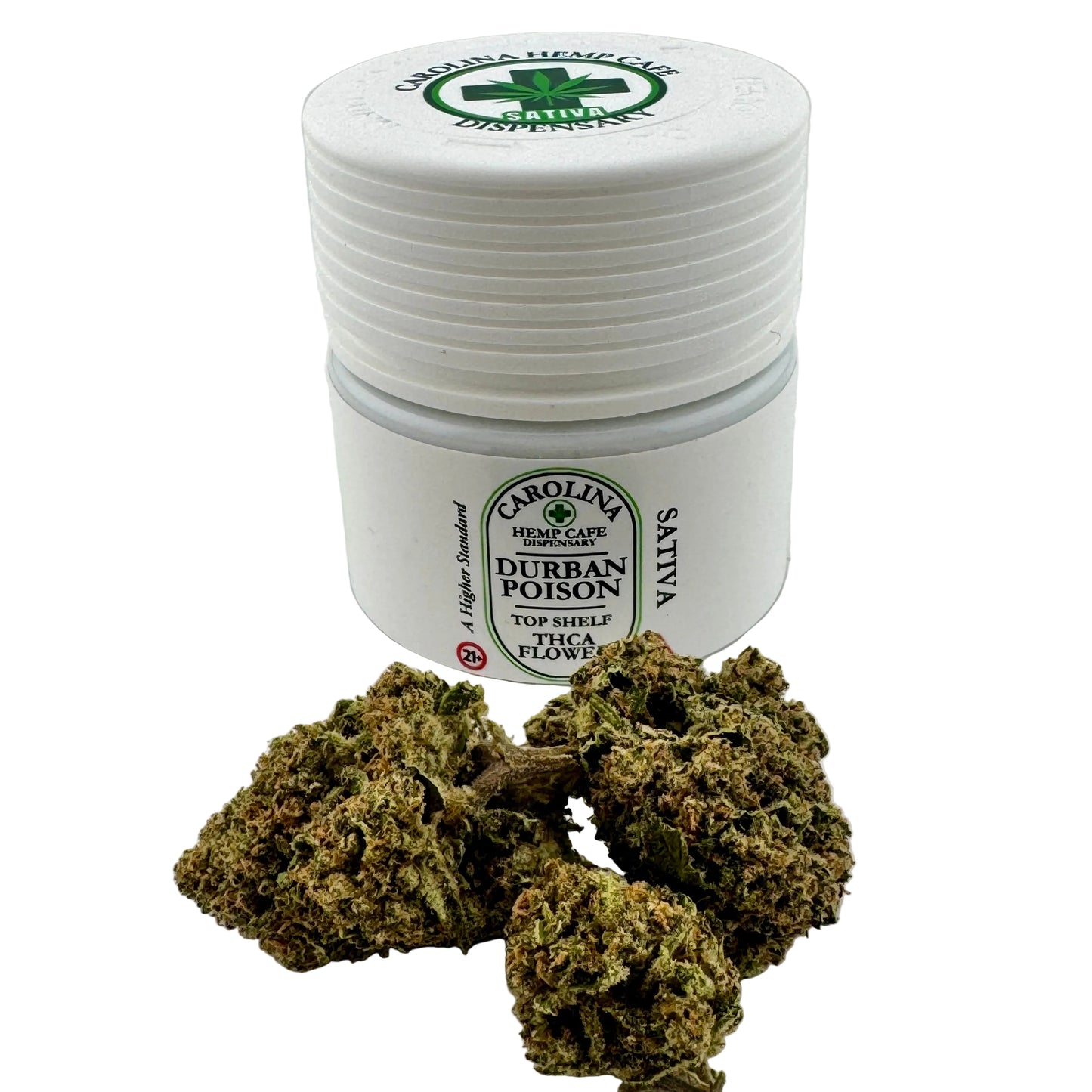 White container labeled 'Carolina Hemp Cafe' with cannabis buds on a white background