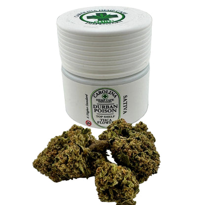 White container labeled 'Carolina Hemp Cafe' with cannabis buds on a white background