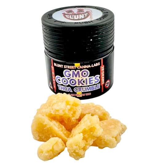 Jar of GMO Cookies THCa Crumble from Blunt Street Canna-Labs on a white background