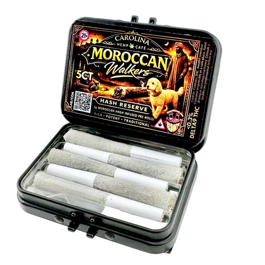 Carolina Hemp Cafe Moroccan Walkers Hash Reserve pre-rolled joints in a black case on a white background
