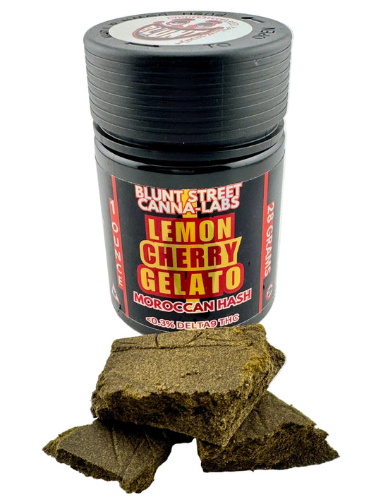Blunt Street Canna Labs Lemon Cherry Gelato Moroccan Hash packaging with hash on a white background