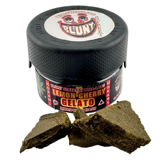 Jar of Blunt Street Canna Labs Lemon Cherry Gelato hash with two pieces of hash on a white background