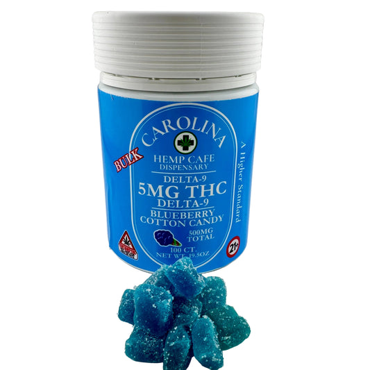 Jar of blue gummy bears with a label on a white surface