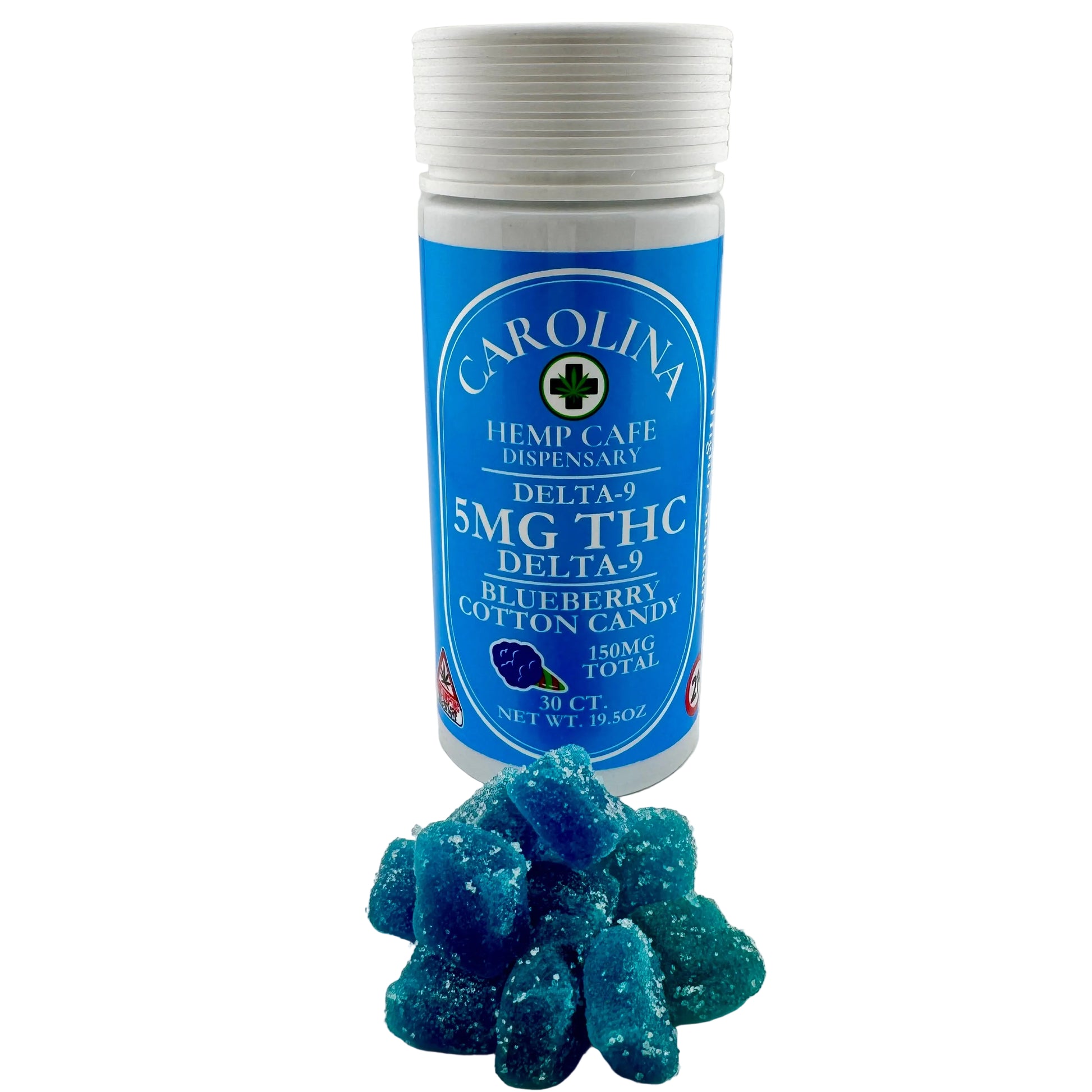 Bottle of Carolina Hemp Cafe dispensary with blue gummy bears on a white background