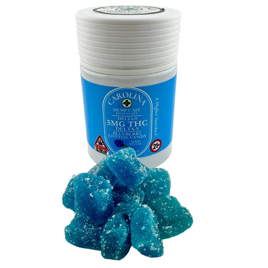 Jar of blue gummy bears with a label on a white background