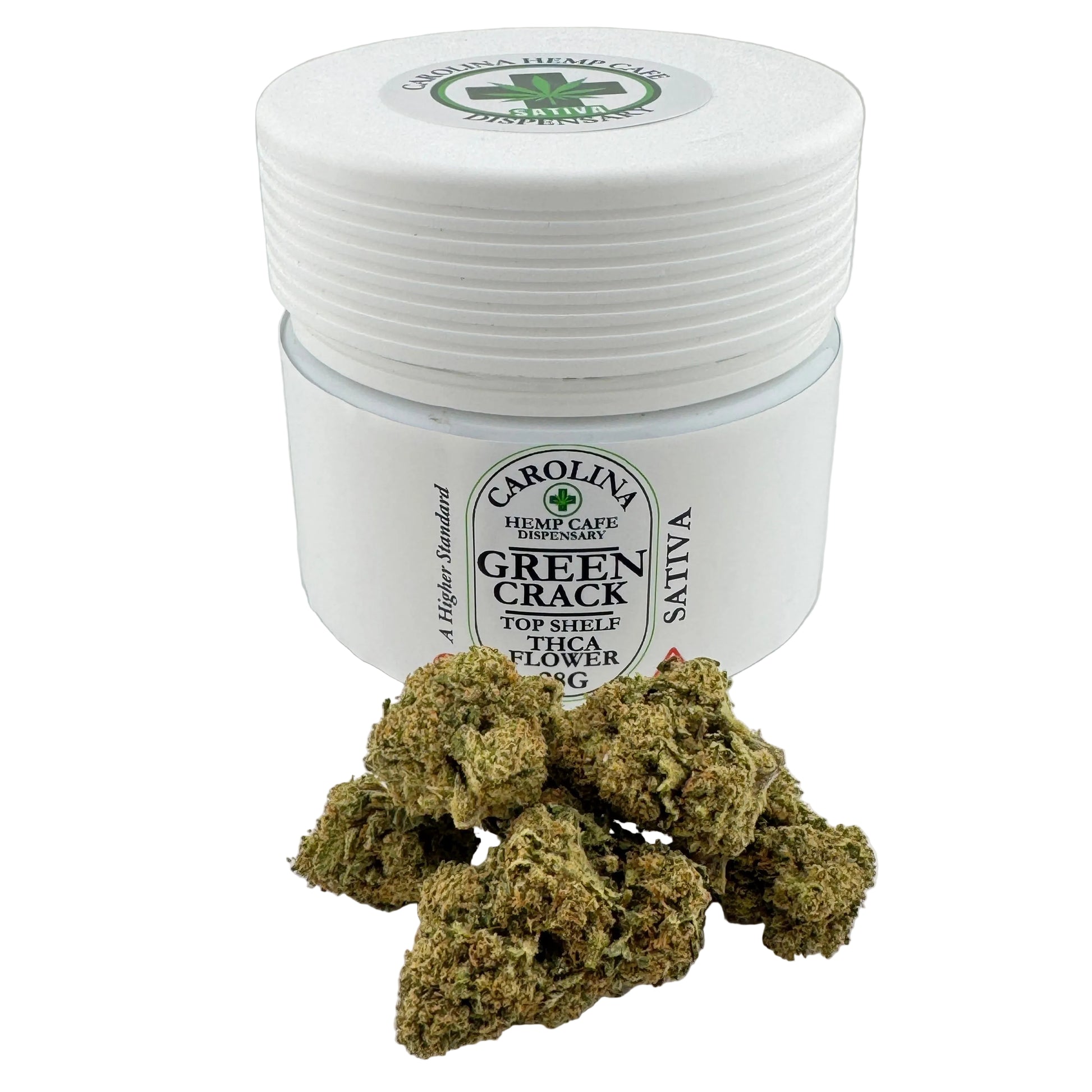 Jar of Carolina Hemp Cafe Green Crack with cannabis buds on a white background