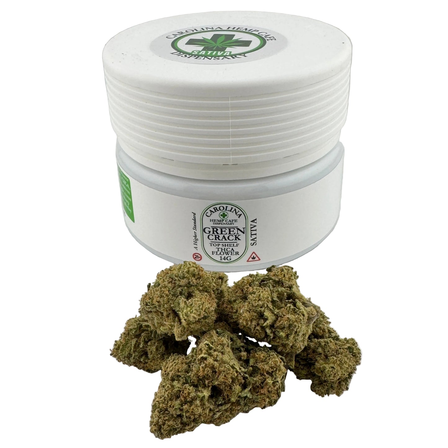 White container with cannabis buds on a white background
