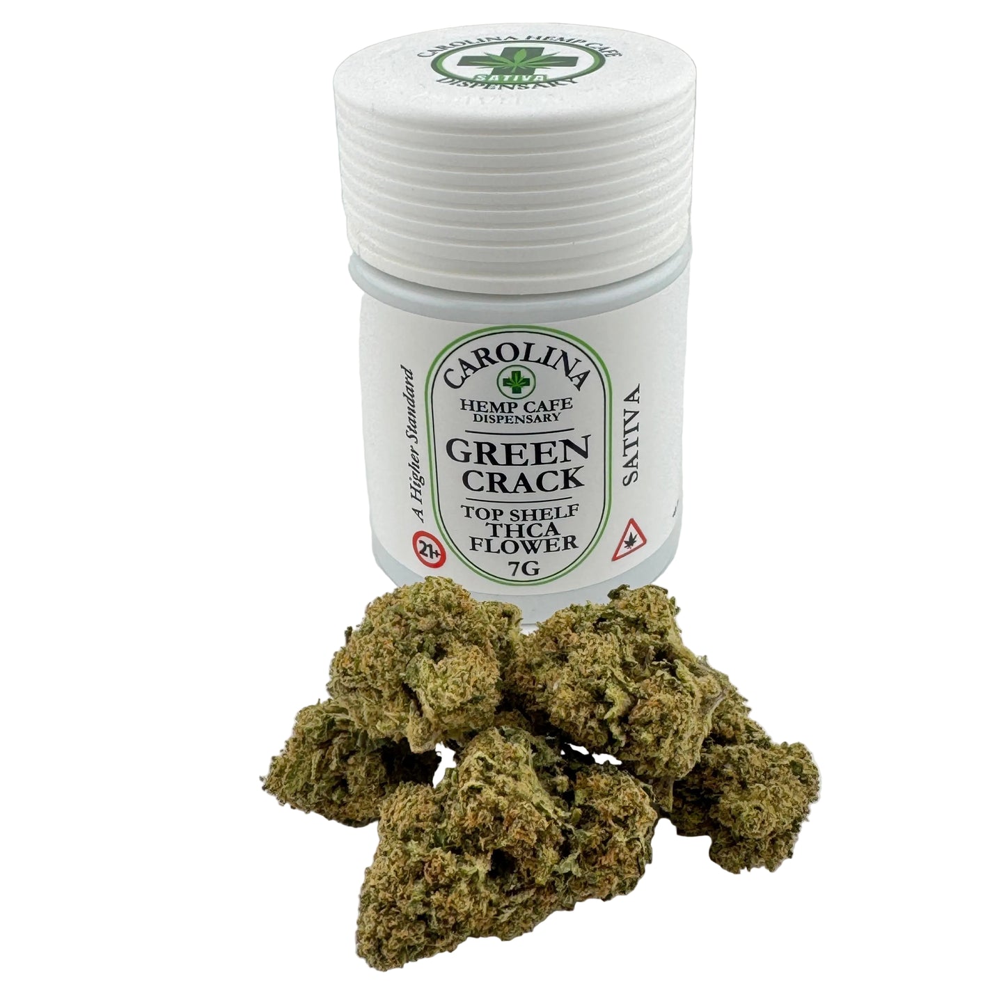Jar of Carolina Hemp Cafe Green Crack cannabis on a white background