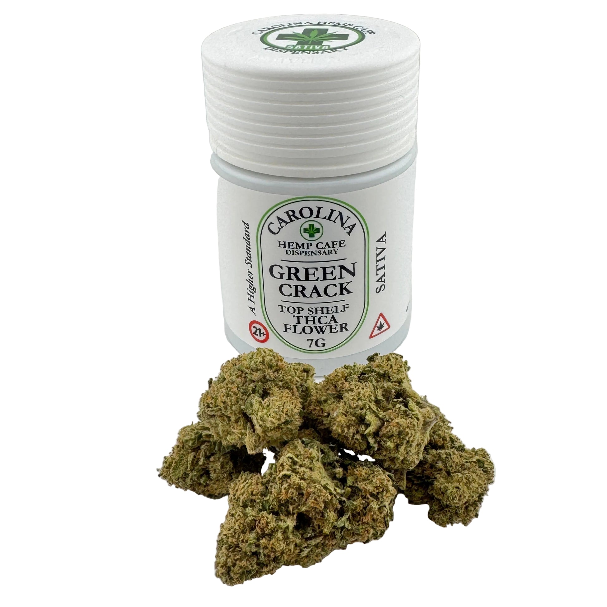 Jar of Carolina Hemp Cafe Green Crack cannabis on a white background