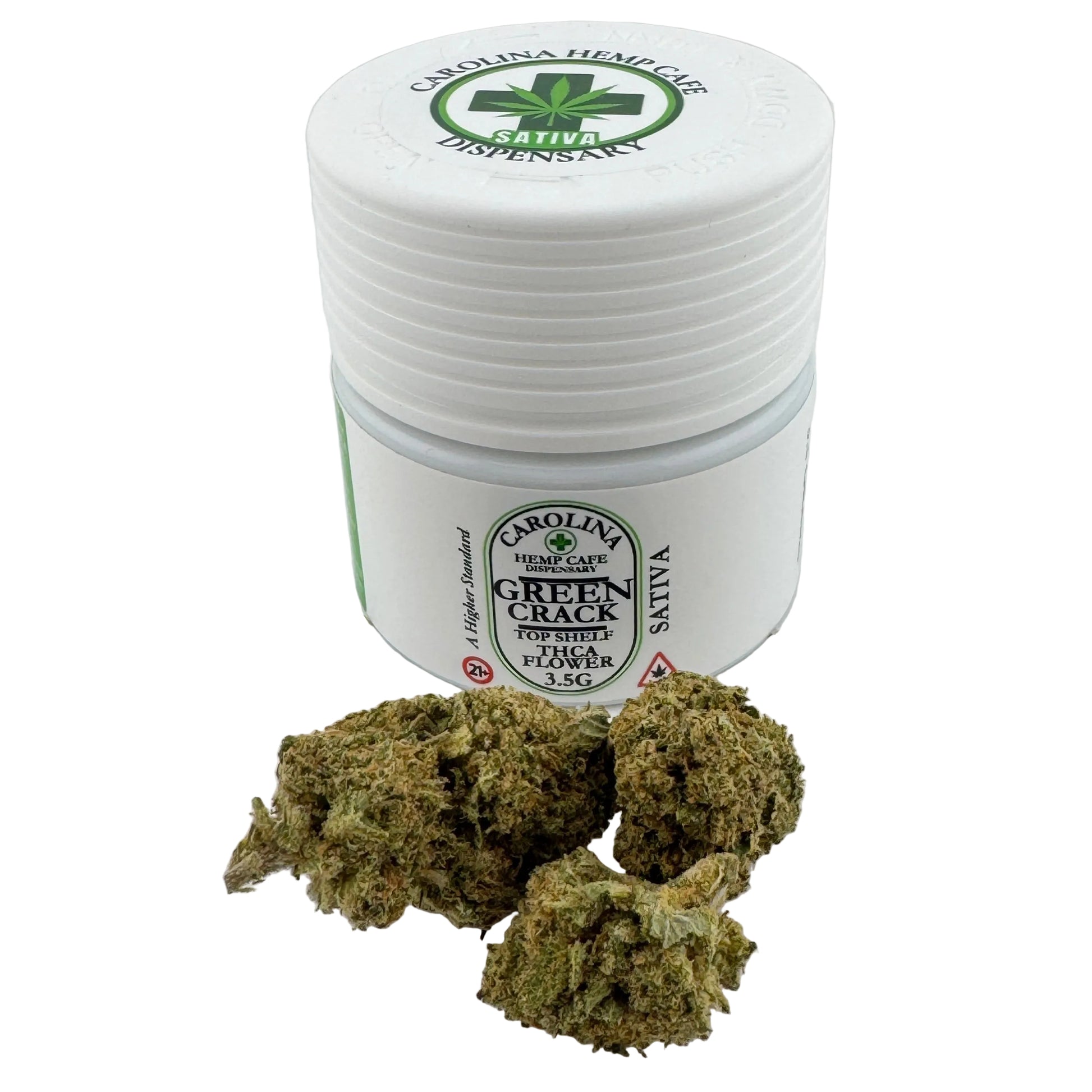 Jar of Carolina Hemp Care Green Crack cannabis buds on a white background