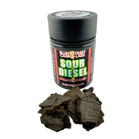 Jar of Blunt Street Canna Labs Sour Diesel Moroccan Hash on a white background