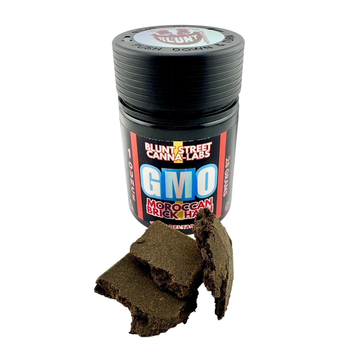 Black container labeled 'Blunt Street Cannabis Labs GMO Moroccan Black Hash' with hash on a white background