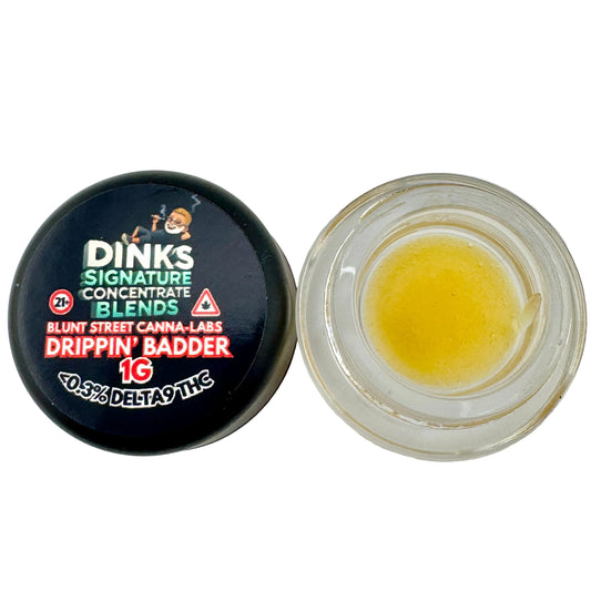 Jar of cannabis concentrate with a black lid featuring branding on a white background