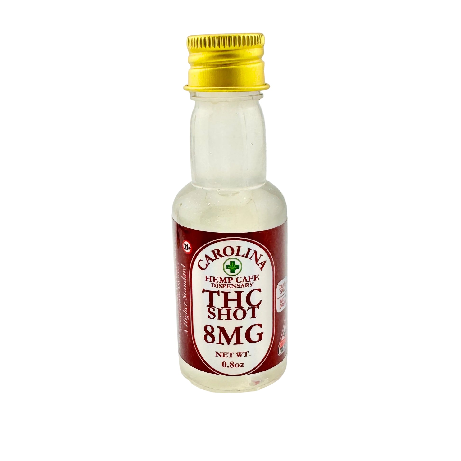Small bottle labeled 'Carolina Hemp Cafe Dispensary' with a gold cap on a white background