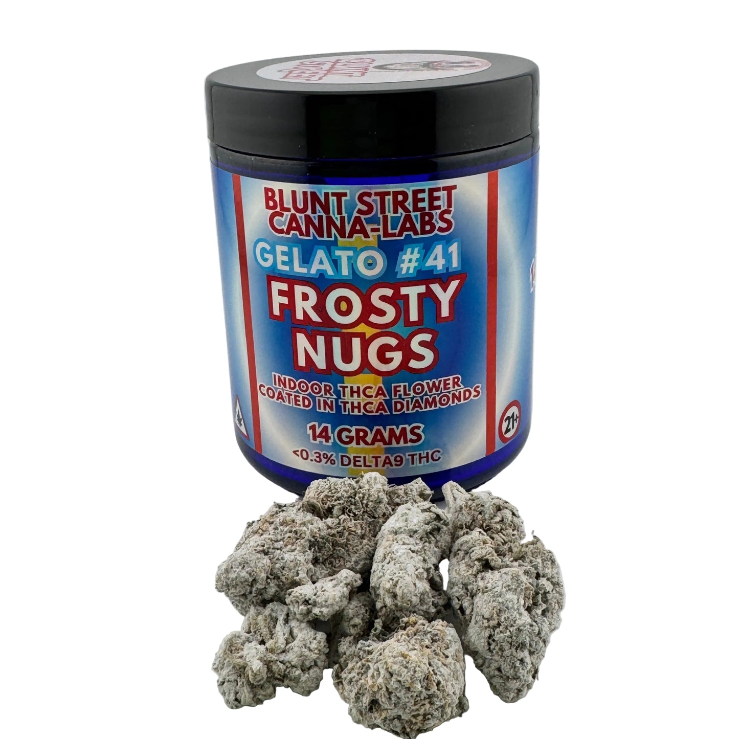 Jar of 'Blunt Street Canna-Labs Gelato #41 Frosty Nugs' with cannabis buds on a white background