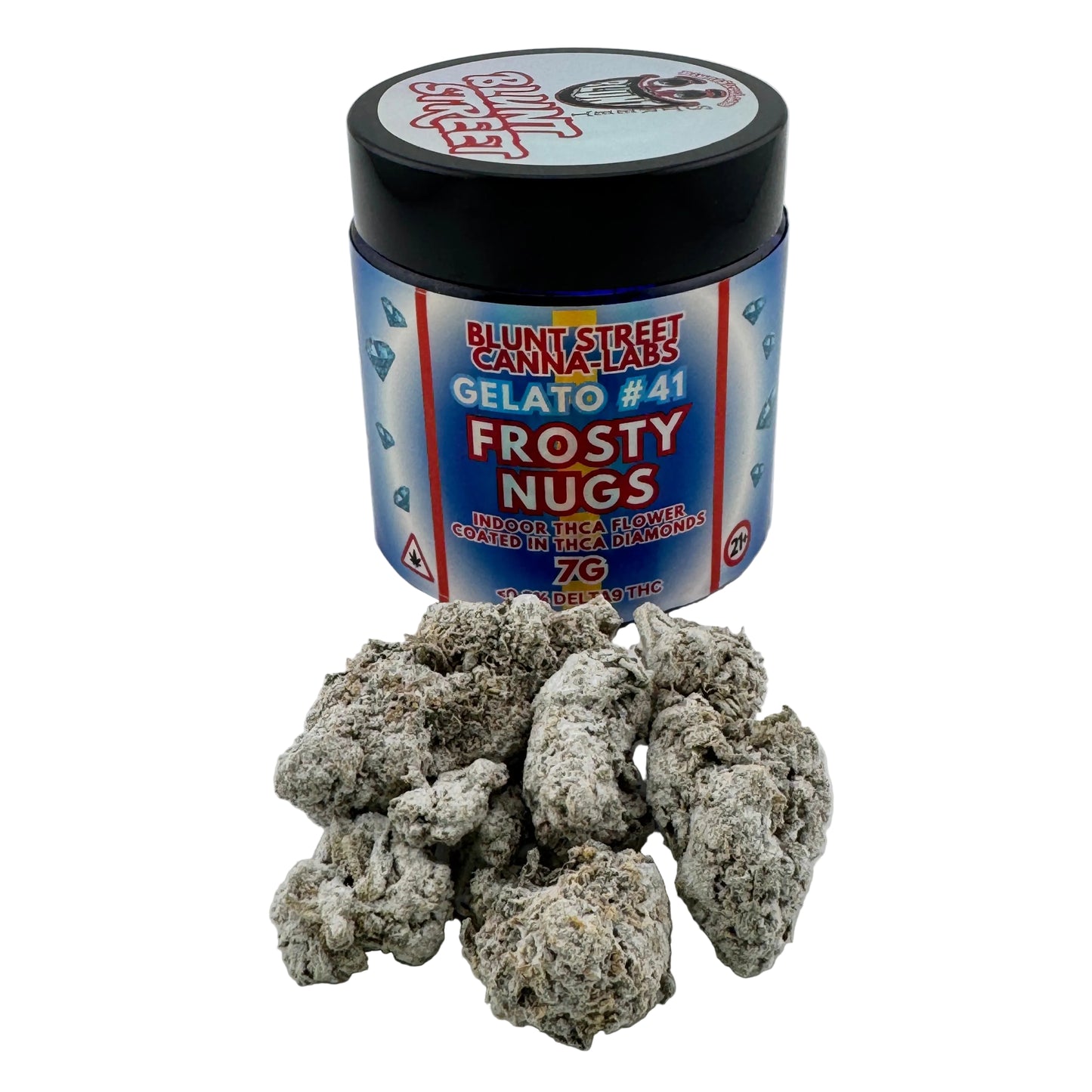 Jar of 'Frosty Nugs' from Blunt Street Cannabals on a white background