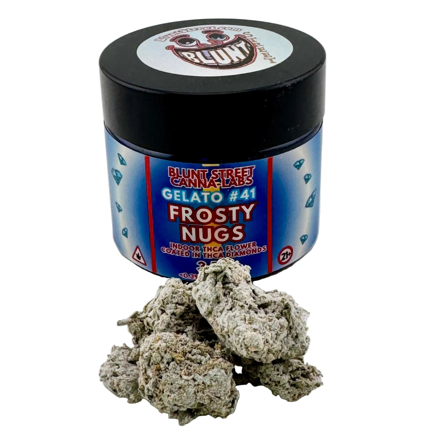 Jar of 'Frosty Nugs' with cannabis buds on a white background