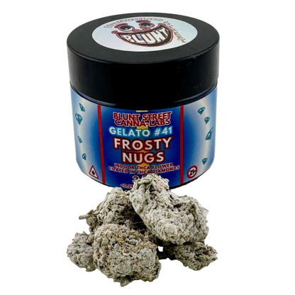 Jar of 'Frosty Nugs' with cannabis buds on a white background