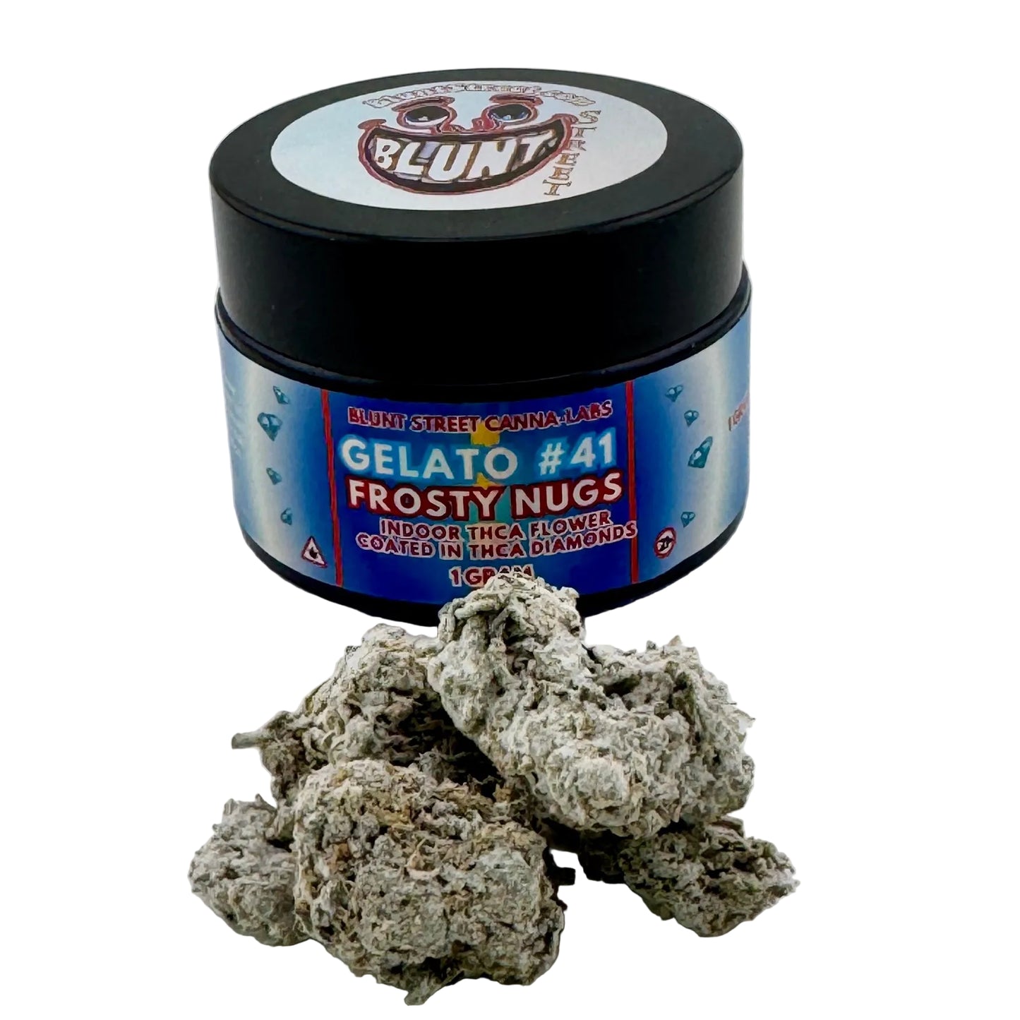 Jar of 'Gelato #41 Frosty Nugs' with a visible brand label on a light background