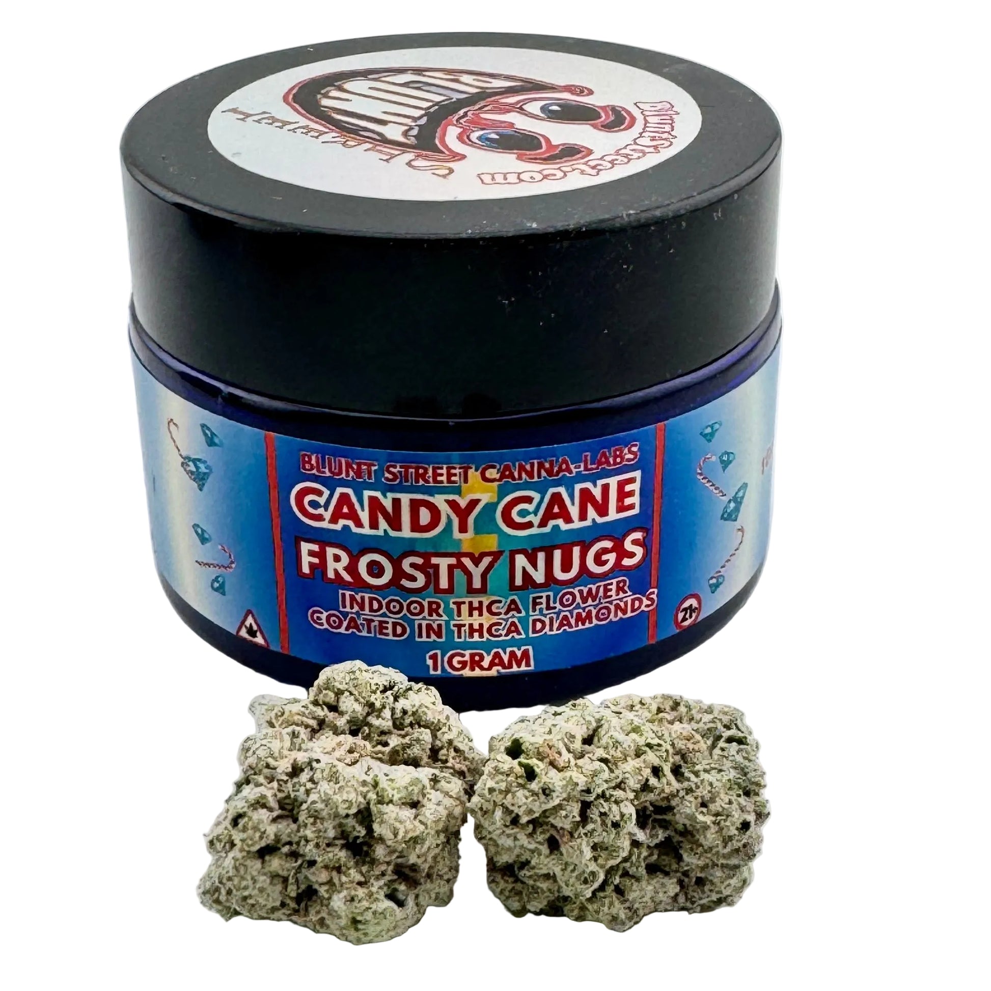 Jar of 'Candy Cane Frosty Nugs' with two buds on a white background