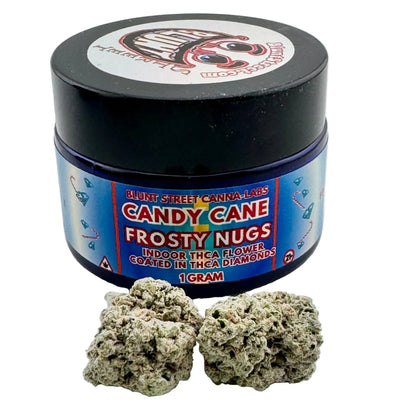 Jar of 'Candy Cane Frosty Nugs' with two buds on a white background