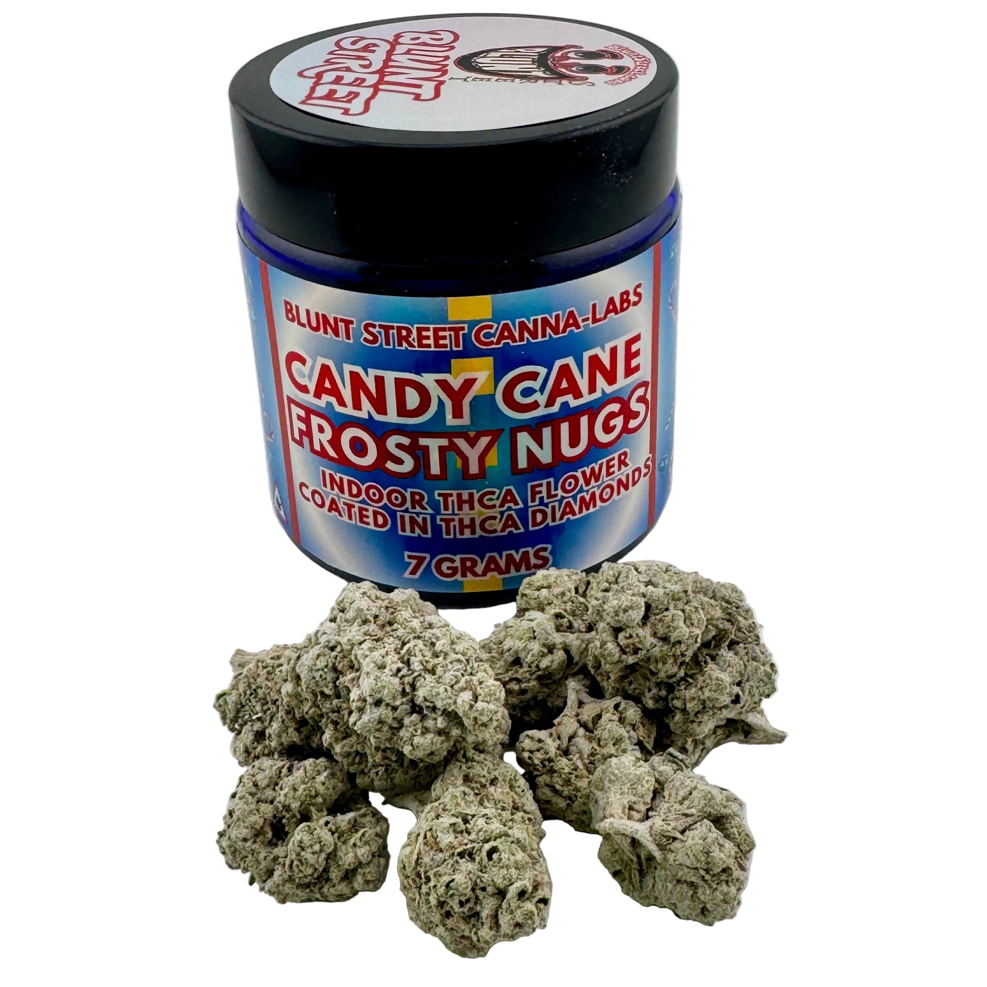 Jar of 'Candy Cane Frosty Nugs' from Blunt Street Canna Labs with cannabis buds on a white background