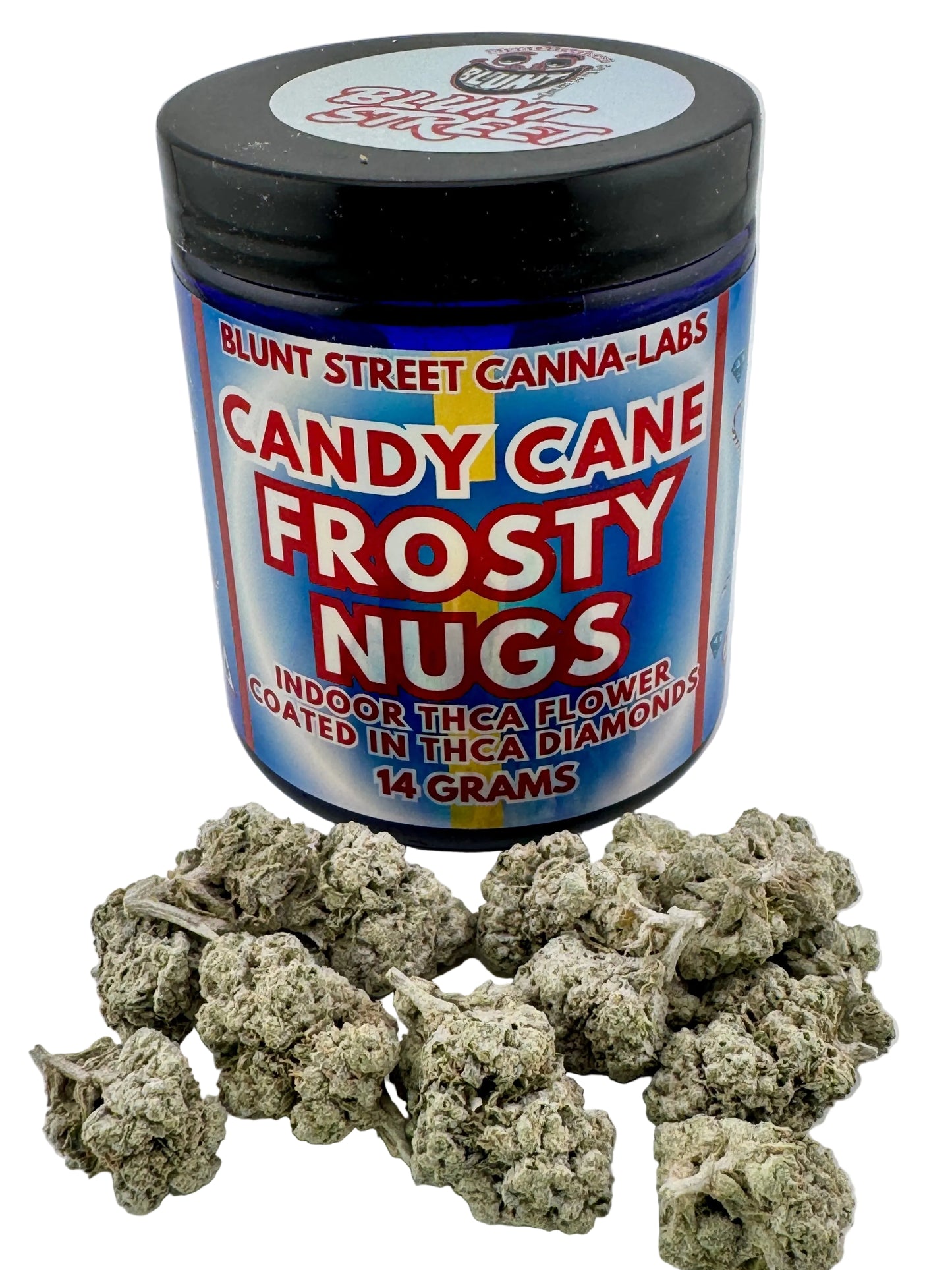 Jar of 'Candy Cane Frosty Nugs' from Blunt Street Canna-Labs with cannabis buds on a white background