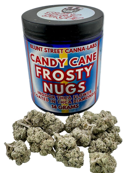 Jar of 'Candy Cane Frosty Nugs' from Blunt Street Canna-Labs with cannabis buds on a white background