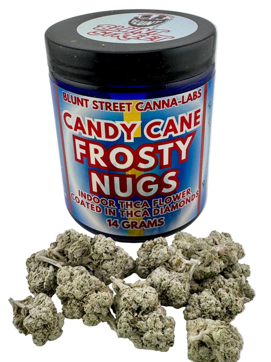 Jar of 'Candy Cane Frosty Nugs' from Blunt Street Canna-Labs with cannabis buds on a white background