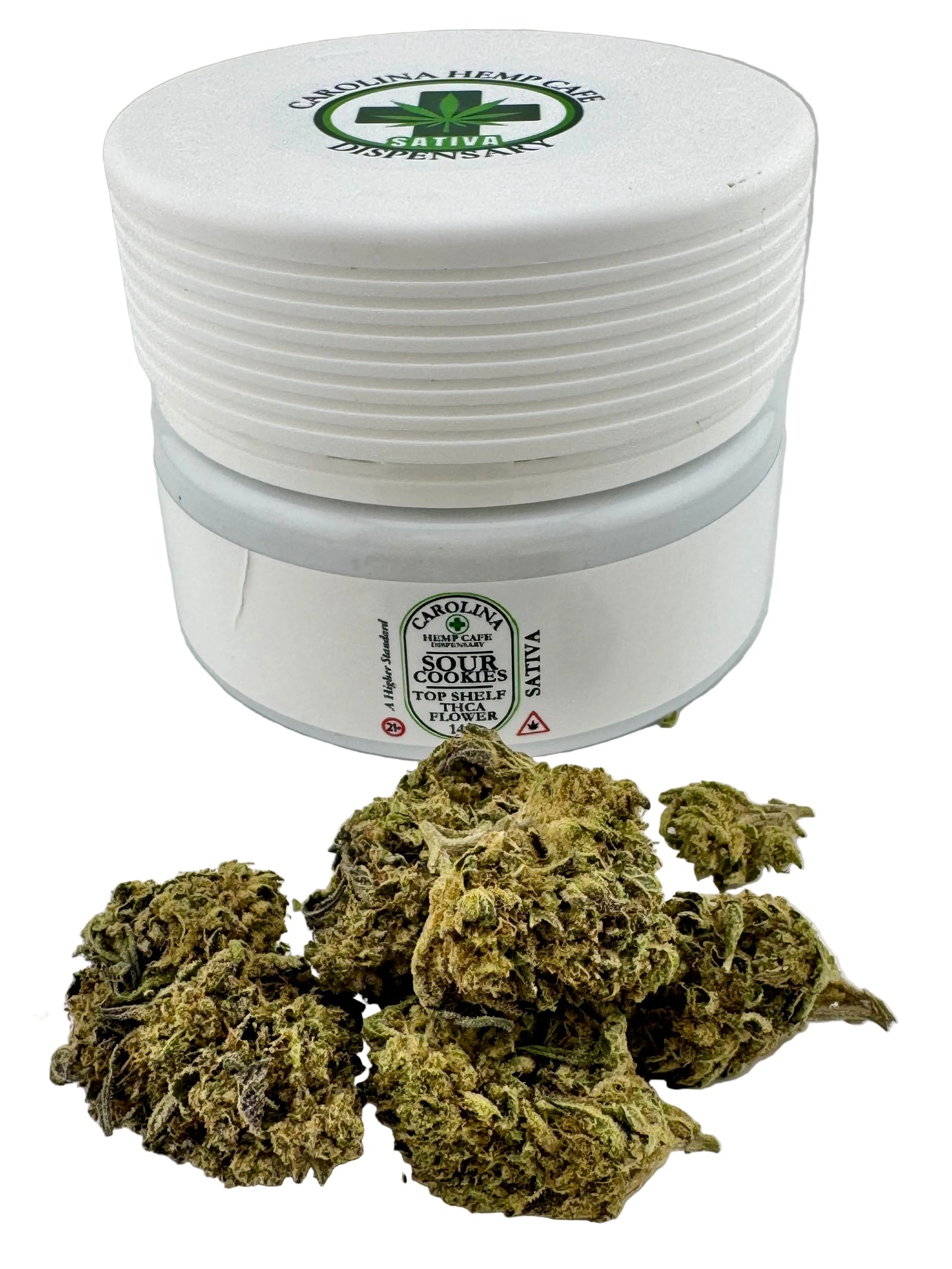 White container with green lid and cannabis buds on a white background