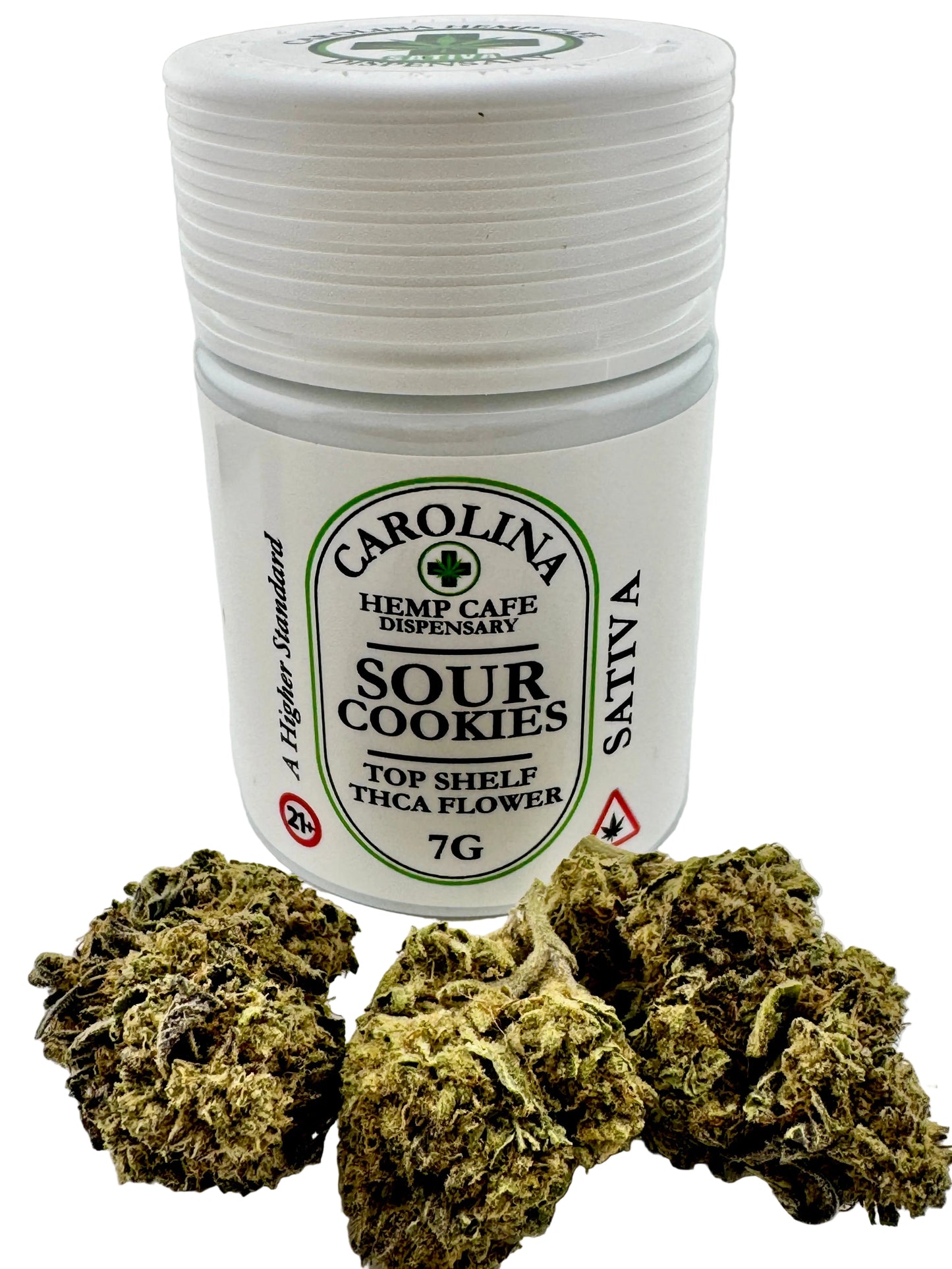 Jar of Carolina Hemp Cafe Sour Cookies SativaTHCA Flower on a white background