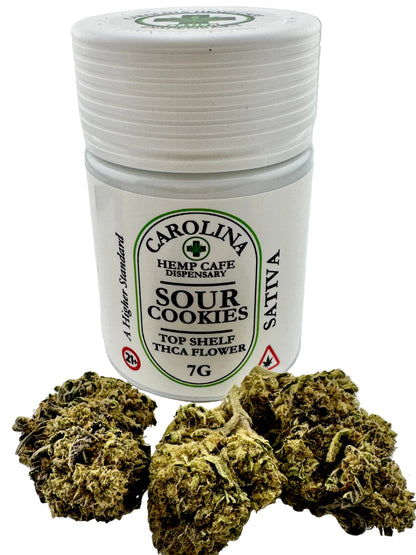 Jar of Carolina Hemp Cafe Sour Cookies SativaTHCA Flower on a white background