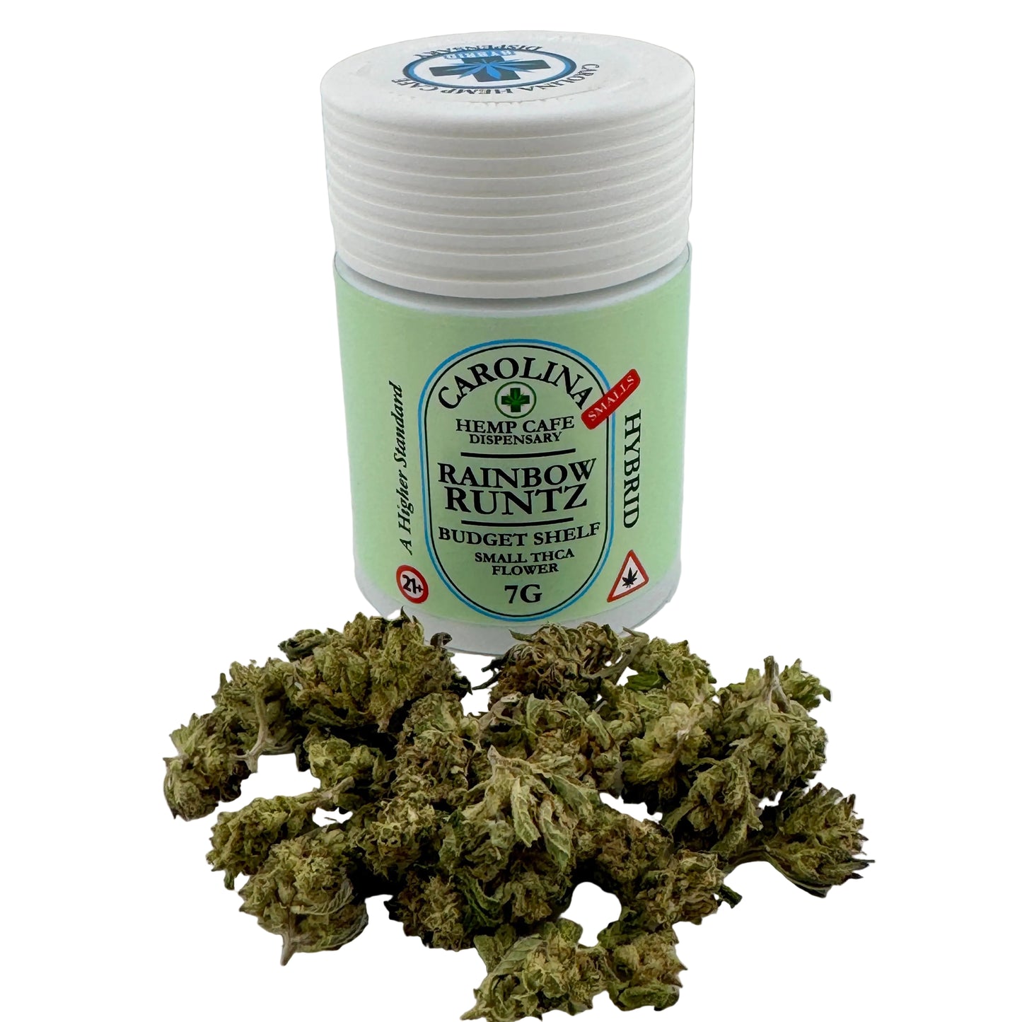 Jar of 'Carolina Hemp Cafe Dispensary' Rainbow Runtz cannabis with cannabis buds on a white background