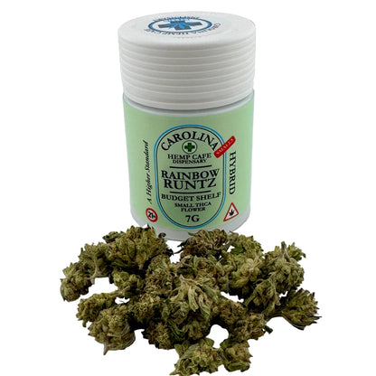 Jar of 'Carolina Hemp Cafe Dispensary' Rainbow Runtz cannabis with cannabis buds on a white background