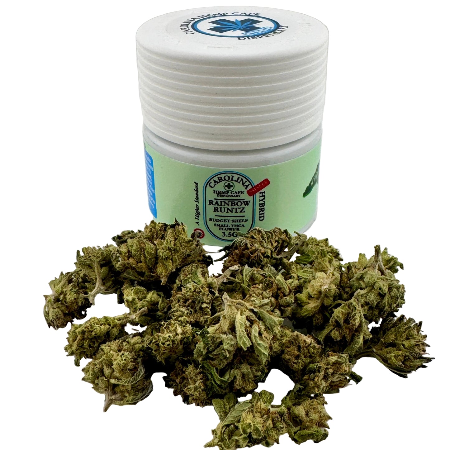 Jar of dried cannabis buds with a visible brand label on a white background