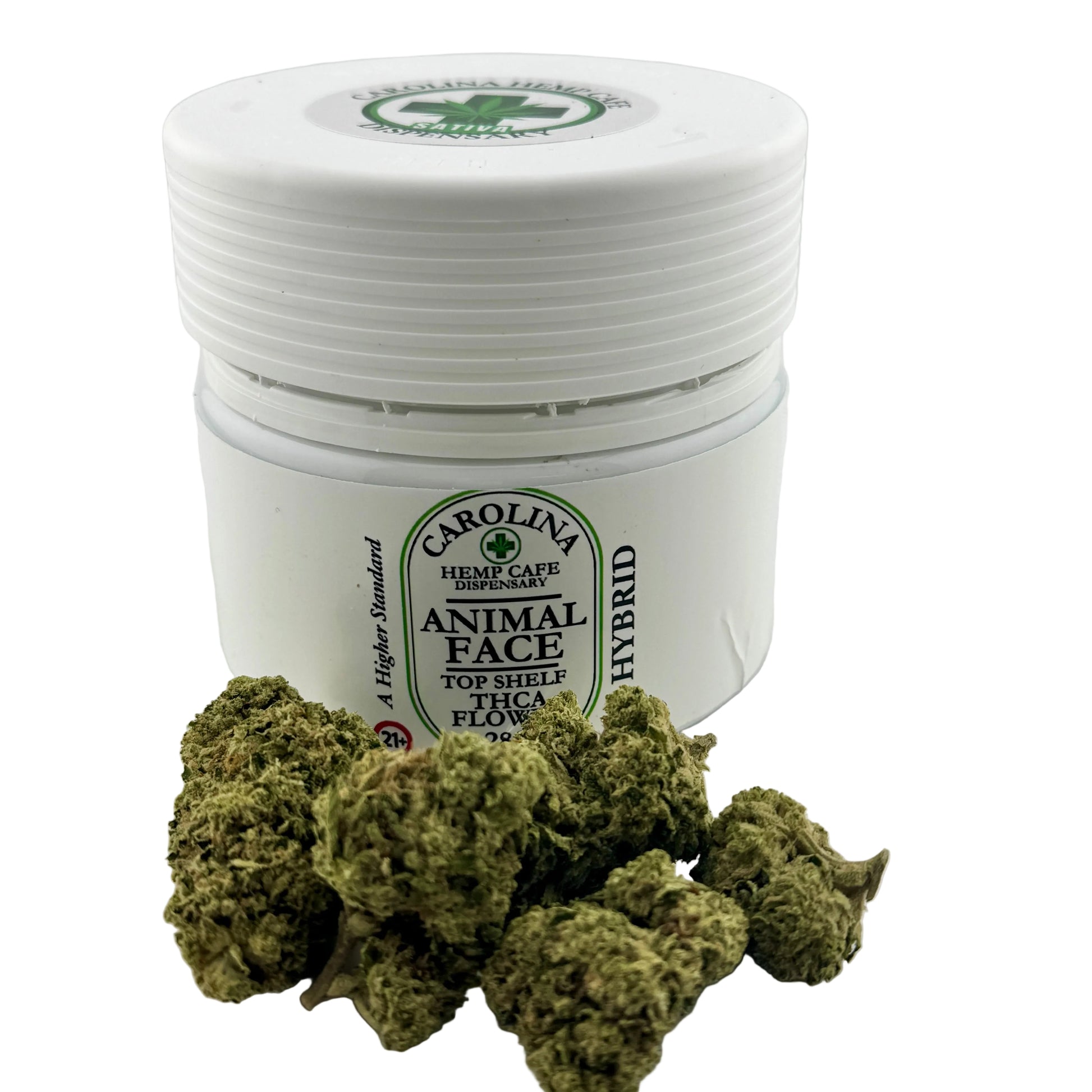 Jar of Carolina Hemp Cafe dispensary product with cannabis buds on a white background